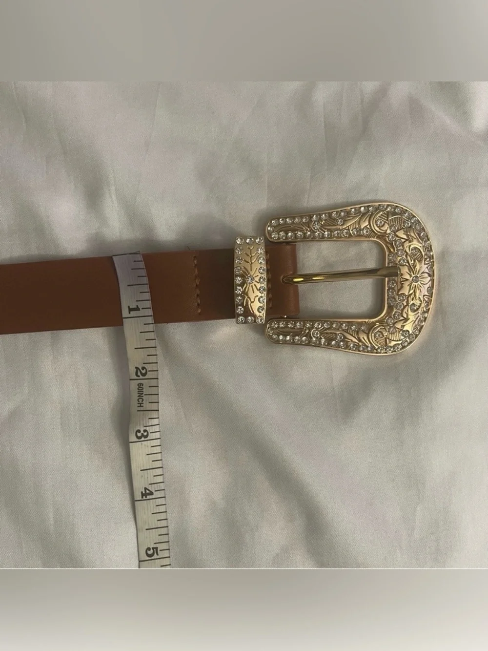 Brown PU leather gold tone buckle with rhinestones details western skinny belt